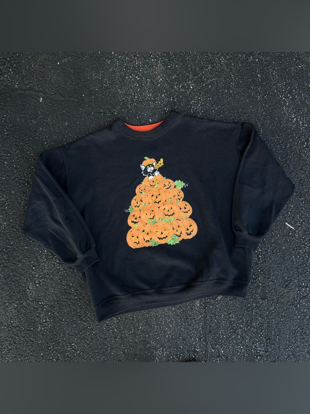 Vintage Halloween Black Cat Pumpkin Stack Sweatshirt Spooky Fall Crewneck XL USA